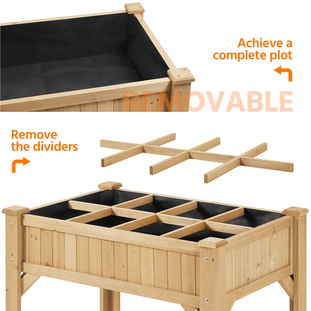 ALden design 8-Pocket Wood Elevated Garden Planter with Fabric Liner, Light Brown