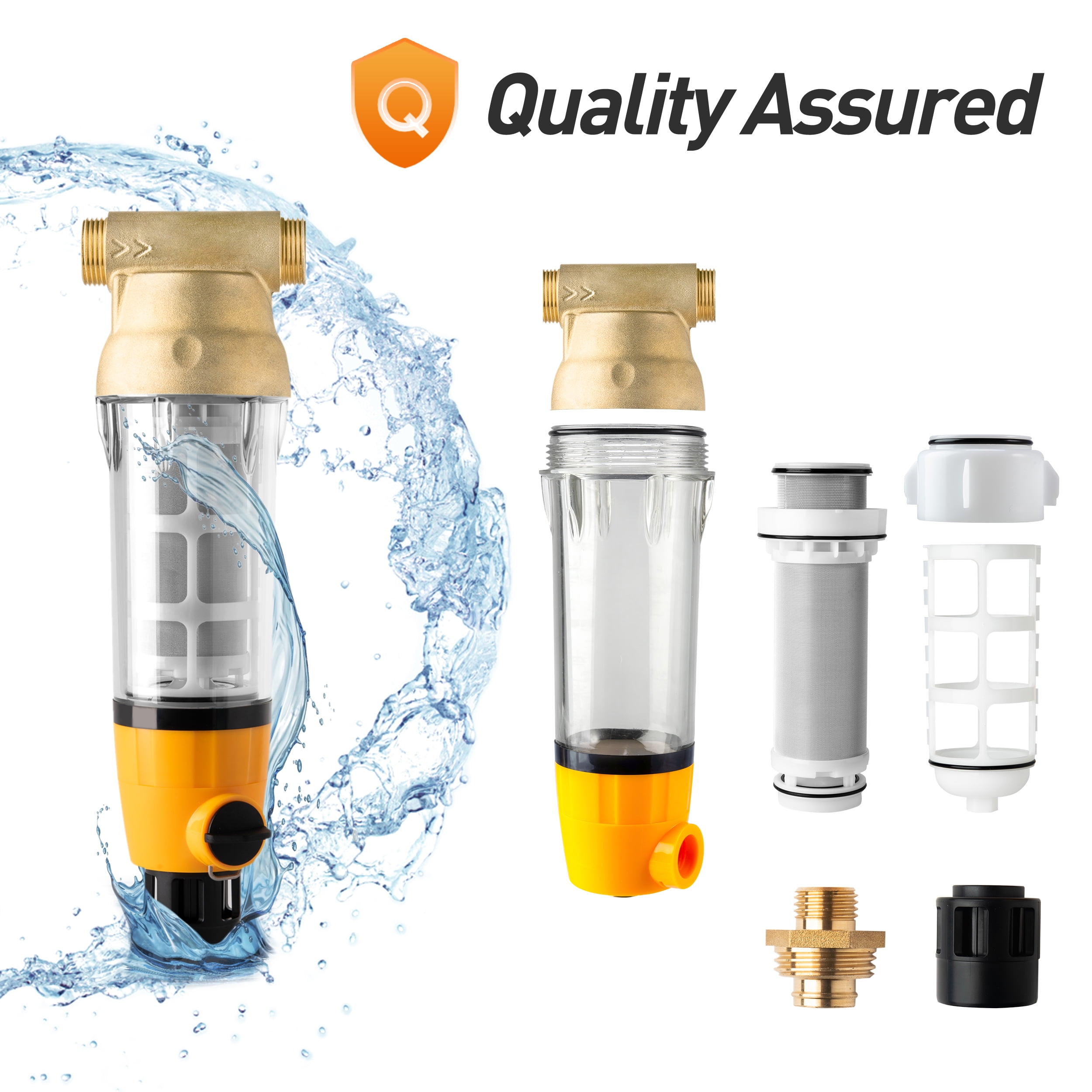 iSpring Spin Down Sediment Water Filter, 50 Micron,  Auto-Flush, Reusable,  Touch-Screen and Built-in Housing Scraper, Brass Top Clear Housing, Whole House Prefilter Filtration
