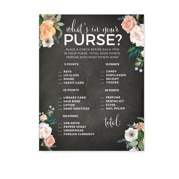 Peach Chalkboard Floral Garden Party Wedding Collection, What's in Your Purse? Bridal Shower Game Cards, 20-Pack