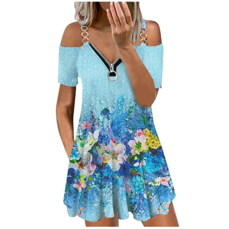 

Juebong Off The Shoulder Dress for Women Sexy Zip Up V Neck Short Sleeve Mini Dresses Loose Ruched Flowy Beach Sundress