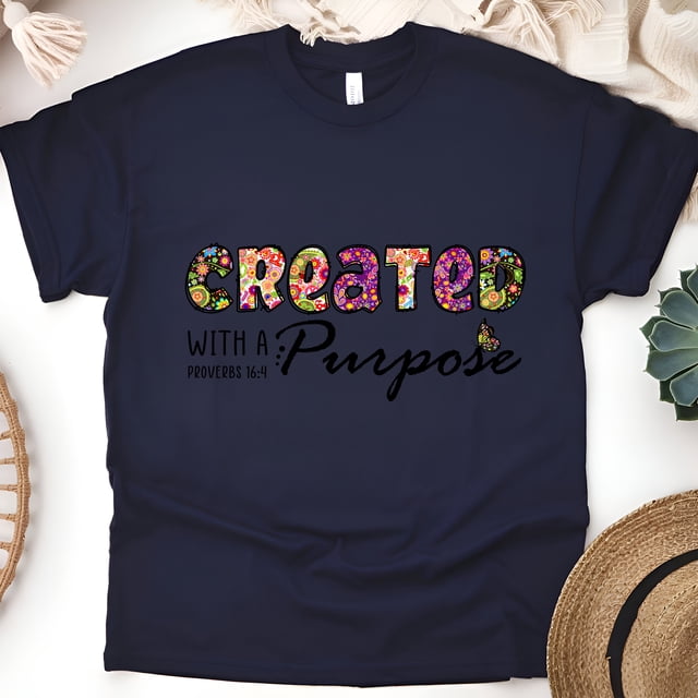 Created With A Purpose Christian T-Shirt | Proverbs 16:4 Scripture Tee, Navy, Size M