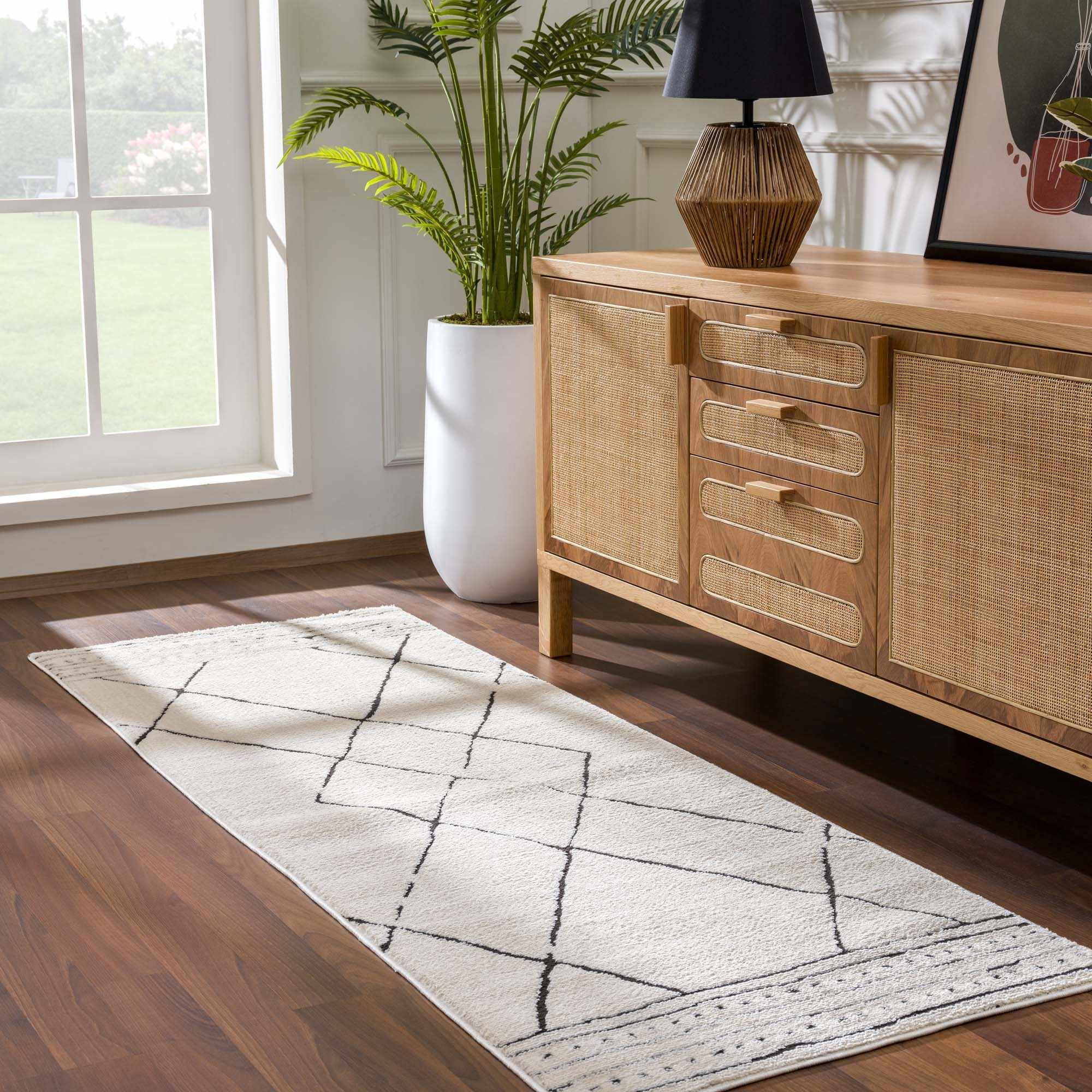 Hauteloom Mahsa Living Room, Bedroom Area Rug - Bohemian Farmhouse Moroccan Trellis - Cream, Black - 5'3" x 7'