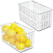 SHIJI65 Plastic Food Container Cabinet Storage Organizer Bin with Open Vents for Kitchen, Pantry, Refrigerator Organization - Holds Fruit, Vegetables, Cheese - Ligne Collection - 2 Pack - Clear