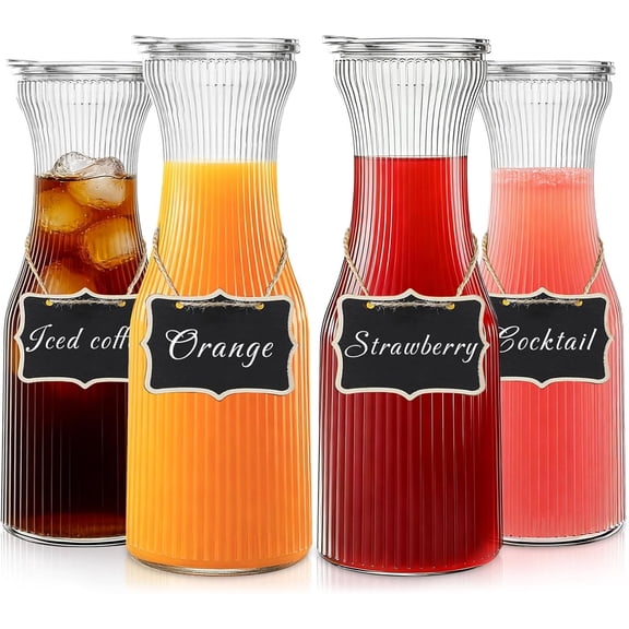 1 Liter Ribbed Glass Carafe with Lid, Set of 4- Juice Carafe for Mimosa Bar, Brunch,Parties, Beverage Serveware,Cold Brew Coffee, Milk, Iced Tea, Lemonade -Includes 4 Wooden Chalkboards