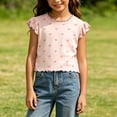 thumbnail image 2 of BLTIBY Girls Ruffle Sleeve Tops Crew Neck Printed T-Shirts Summer Comfy Tee Shirts Basic Tshirts for Kids Pink 4-5 Years, 2 of 6