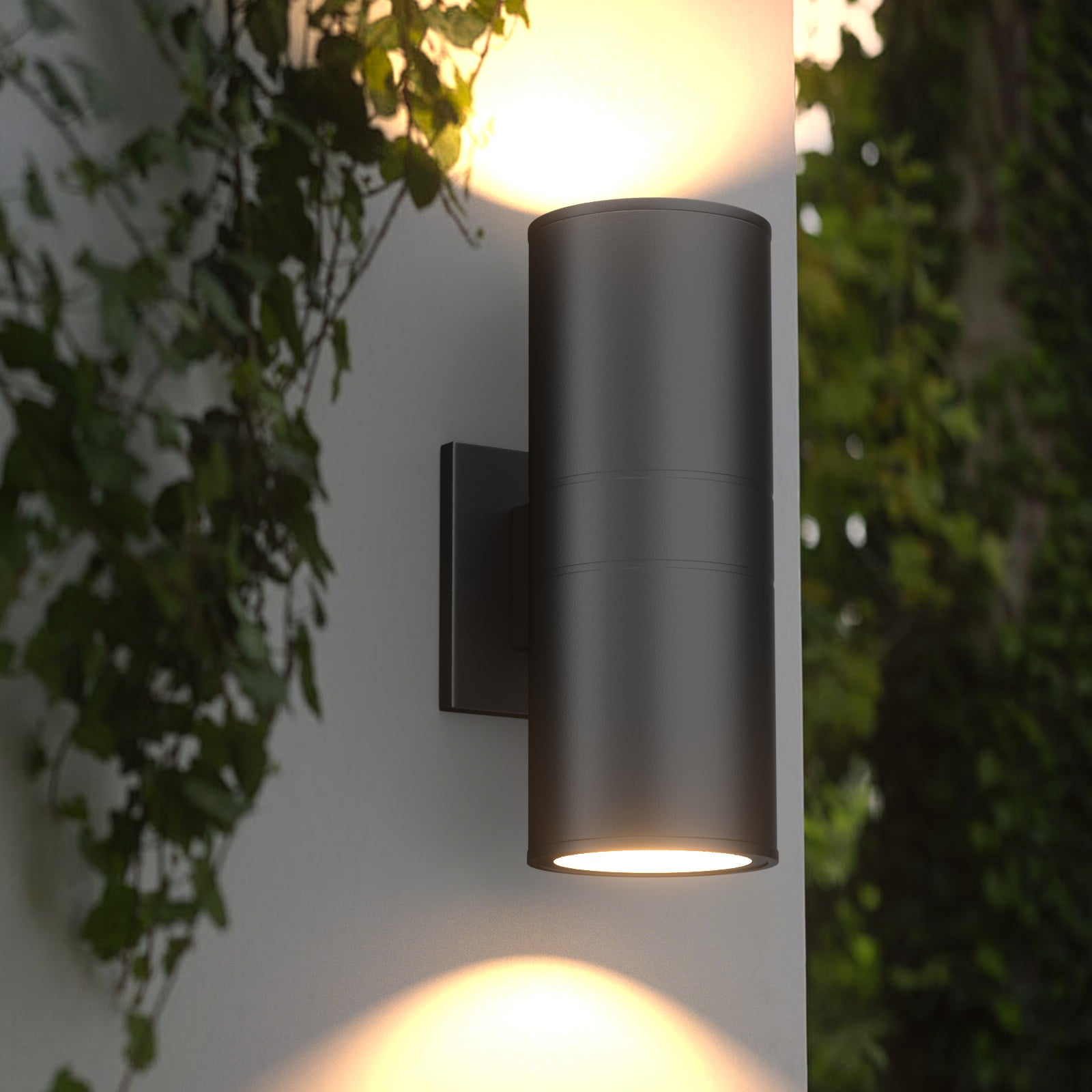 GEYANG Modern Outdoor Wall Light with Dusk to Dawn Sensor, Exterior Light Fixture Wall Mount Waterproof Anti-Rust Cylinder, Up and Down 2 Lights Black Sconces for Porch Patio House Outside Entryway