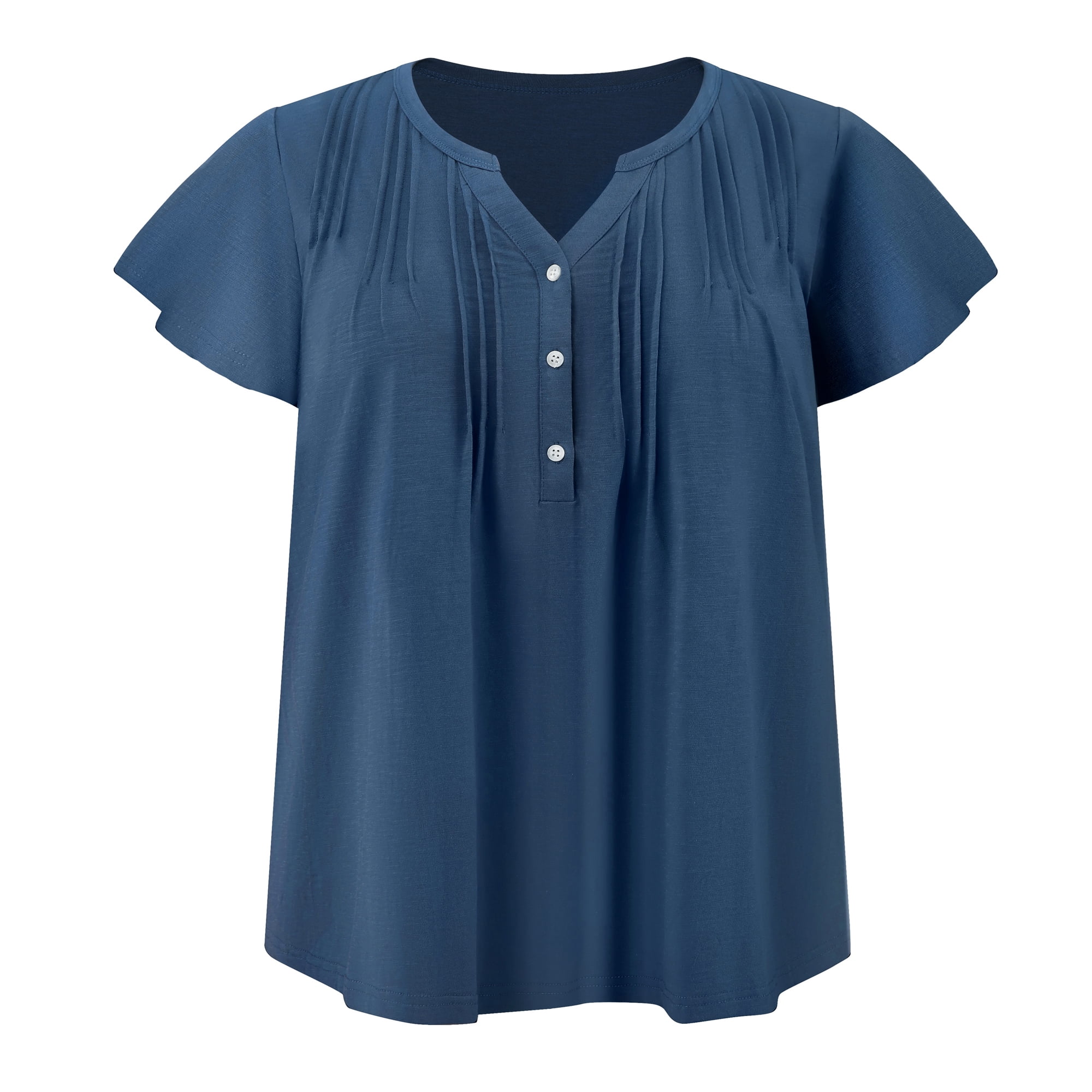 Women's Plus Women's Work Tops Button Notch Neck Ruffle Sleeve Casual Blouse 4X Dark Blue