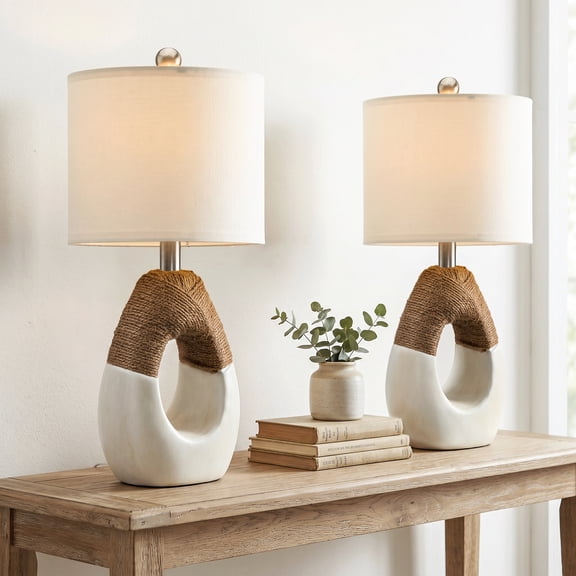 Oneach 19" White Boho Table Lamp for Living Room Bedroom Modern Resin Bedside Nightstand Lamps Set of 2 for Office Study Rattan Light