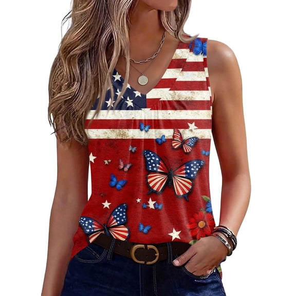 Iaqnaocc 250 Anniversary Usa Flag Tank Tops for Women Sleeveless 2026 Summer Loose Fit V Neck Pleated Tees Patriotic American Flag Floral Print Retro Outfits Wine S