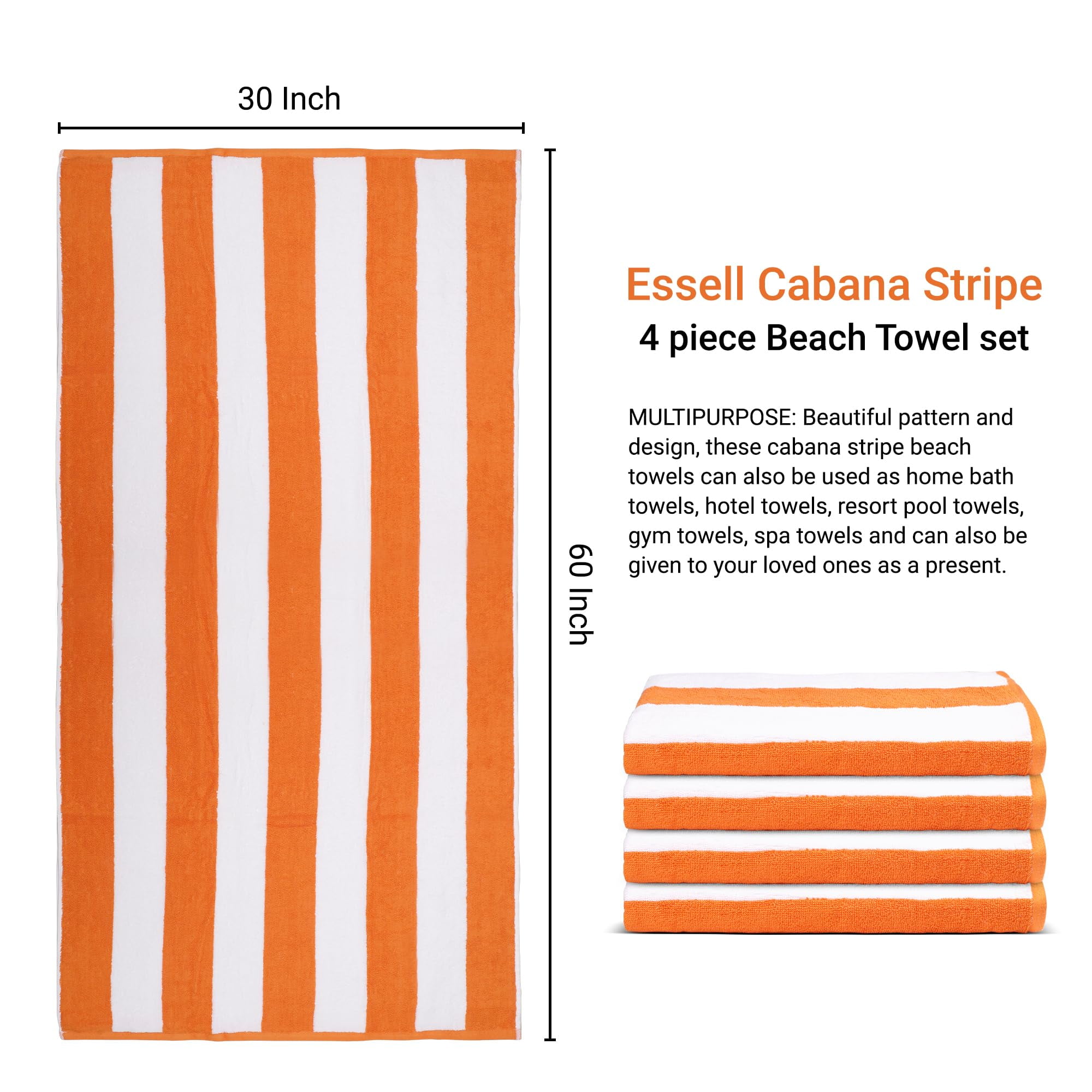ESSELL 24/7 Oversized Cabana Stripe 4 Piece Beach Towel Set, 100% Cotton, Quick Dry, High Absorbent Bath Towel, (30”X60”), Perfect for Pool, Travel, Swim, Parties, Guests - Orange