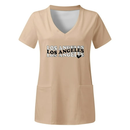 

TAIAOJING Women Scrubs Top Workwear Plus Size Top V Neck Short Sleeved Pockets Prints T Shirt