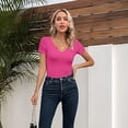 thumbnail image 6 of Vafful Womens Tops V Neck Summer Short Sleeve Casual Slim Fitted Tshirt Pink XL, 6 of 7