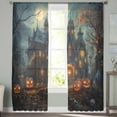 thumbnail image 2 of Halloween Pumpkin Sheer Curtains 96 Inches Long 2 Panels Set, Window Sheer Curtains for Living Room/Bedroom, Retro Forest Cottage Castle Vintage Bats Light Filter Rod Pocket Curtain 52'' x 96'' x 2, 2 of 7