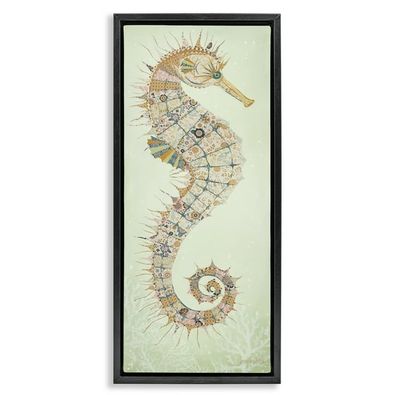 Stupell Industries Patterned Spikey Seahorse Animals & Insects Painting Black Floater Framed Canvas Art Print Wall Art, 11 x 25