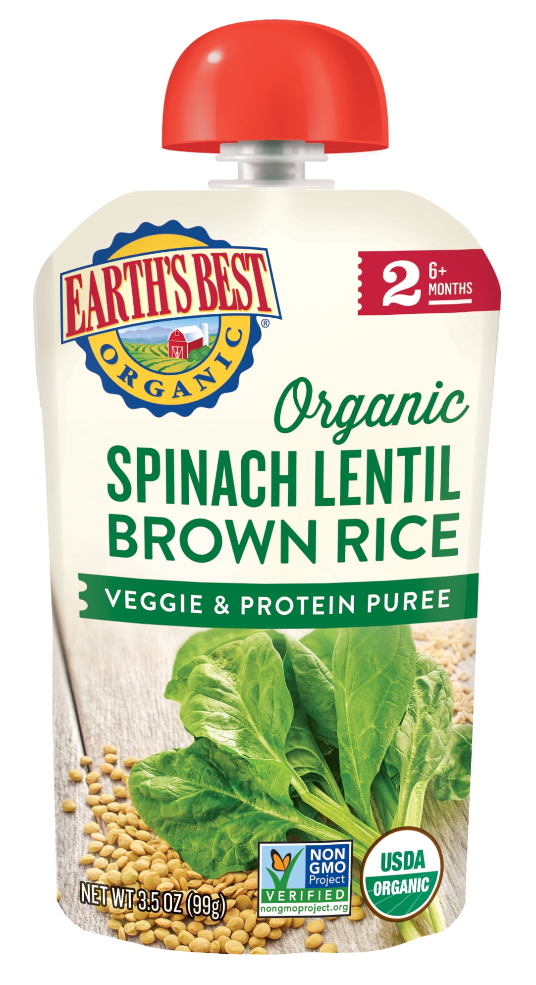Earth's Best Organic Stage 2 Baby Food, Spinach Lentil Brown Rice, 3.5 oz Pouch