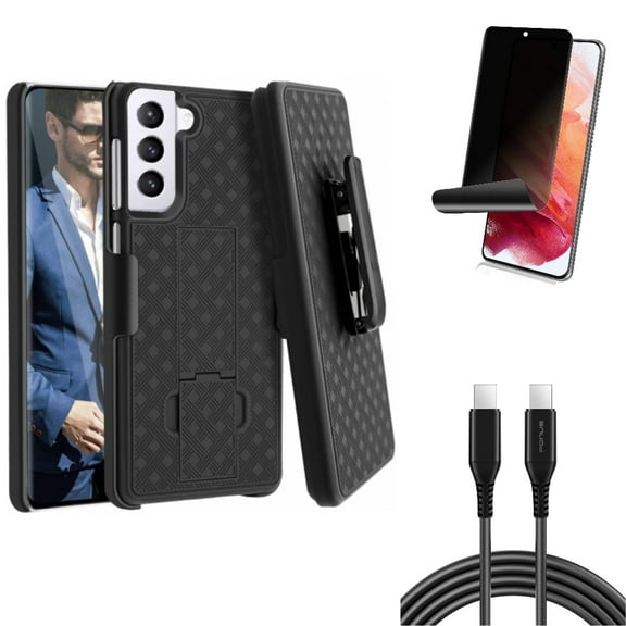 6ft Long USB-C Cable w Privacy Screen Protector w Case Belt Clip for Samsung Galaxy S21 Plus - PD Fast Charger Cord Power, TPU Film Fingerprint Works, Holster Swivel Accessory Bundle