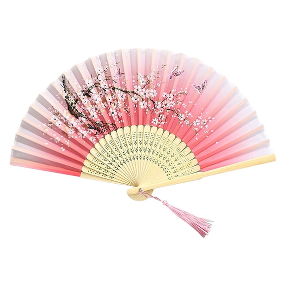 Folding Fan, Chinese Fan Hand Fans for Women Foldable Silk Foldable Fan Hollowed Fringe Hand Fan for Wedding Dancing Party Home Decoration, Pink Butterfly Flower