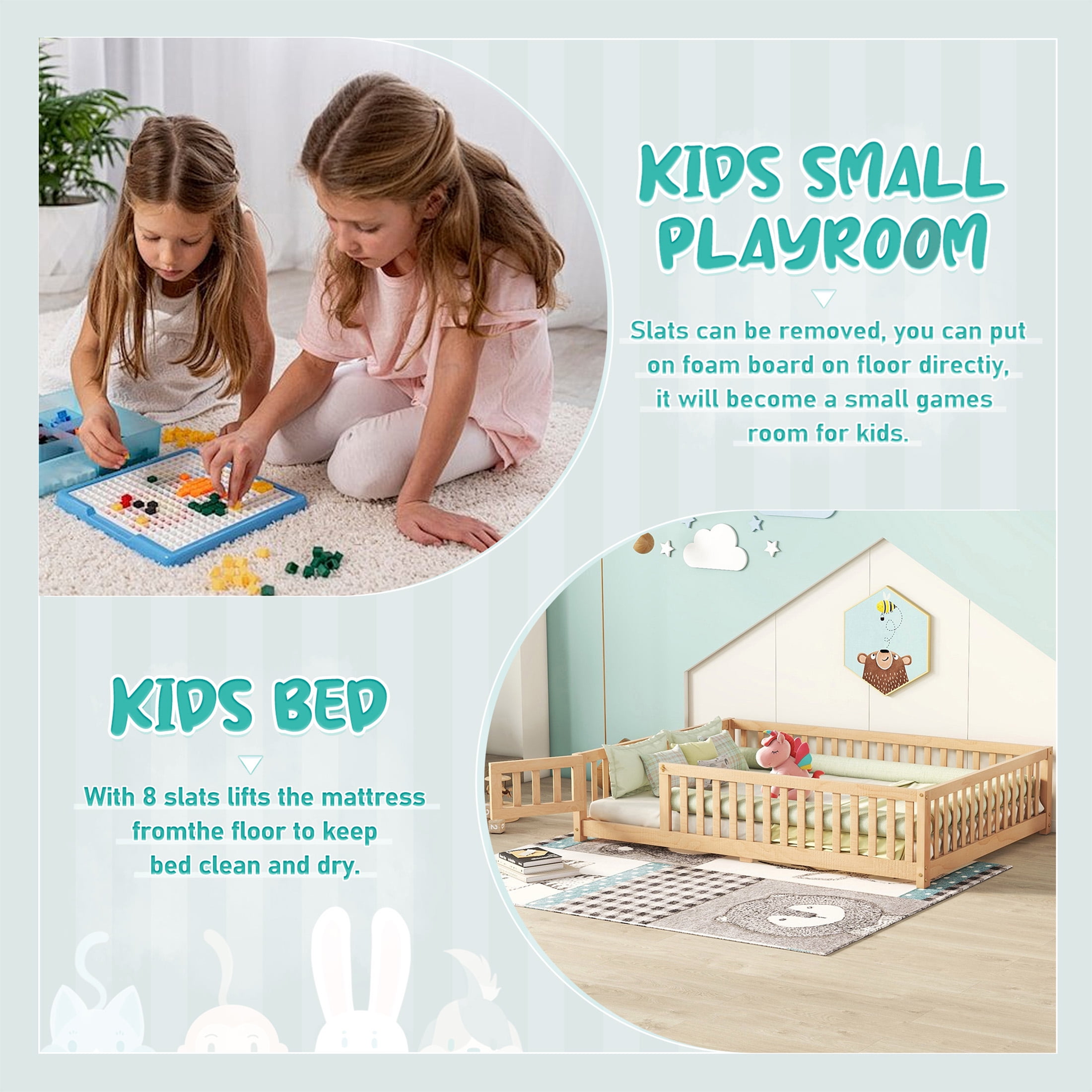 Aukfa Full Size Floor Bed for Kids Children, Wood Montessori Bed Frame with Safety Guardrails and Door, Natural
