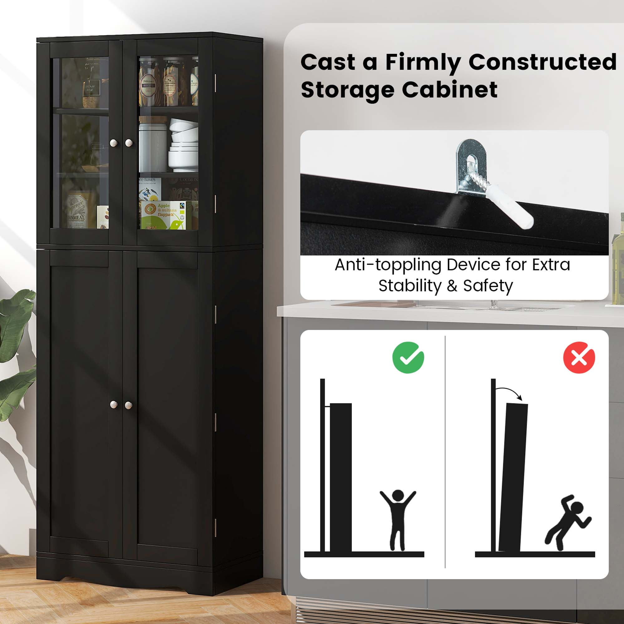 Costway 63.5" Tall Kitchen Pantry Storage Cabinet with Glass Door Storage Shelves Black