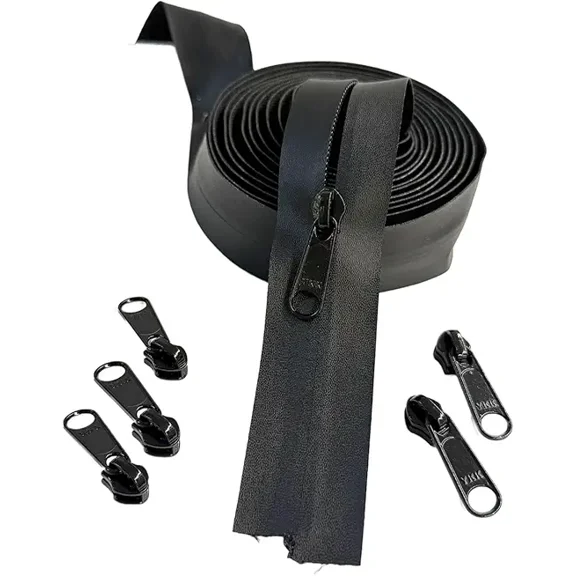 #5 YKK AquaGuard Water Resistant Coil Continuous Zipper Chain by The Yard Make-A-Zipper with Long Pull (Non Lock Slider) Color Black - Pick an Option (Black #580J, 3 Yards - 6 Sliders)