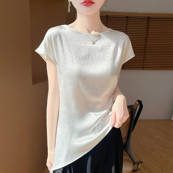 VgaVtl T-Shirt Women Short Sleeve Summer Women's Plus Size Tops Basic Regular Bottoming Solid Everyday Casual Shirts,Beige L