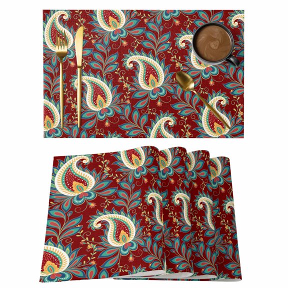 Red Boho Botanical Placemats Set of 6, Southwestern Retro Leaves Ethnic Tribal Placemats for Dining Table, Place Mats for Kitchen Tabletop, Waterproof Wipeable Dining Table Mats Set