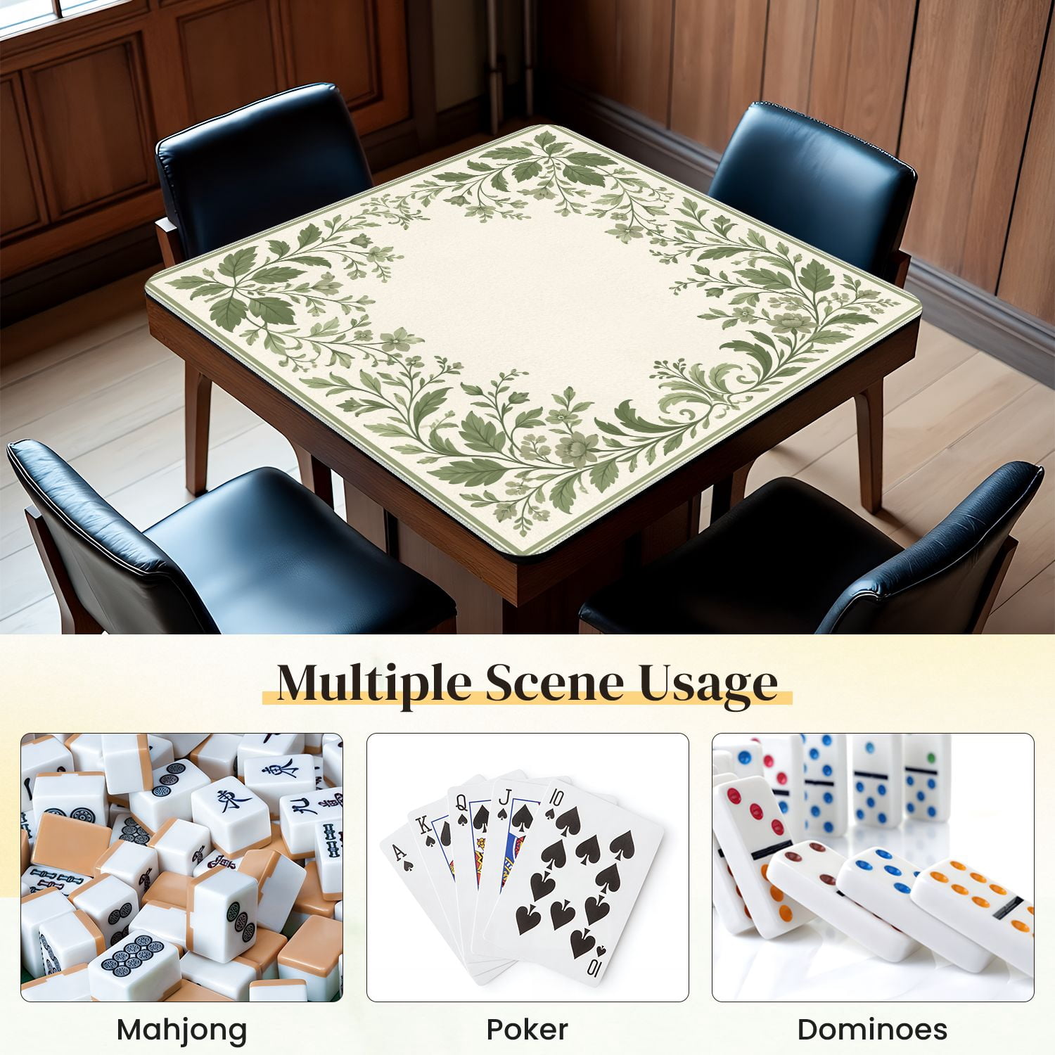 Mahjong Mat 31.5" x 31.5" Green Floral Border Leaves Blossoms Non-Slip Noise Reduction Mahjong Tiles Table Cover for Dominoes Poker Card Board and Tile Games