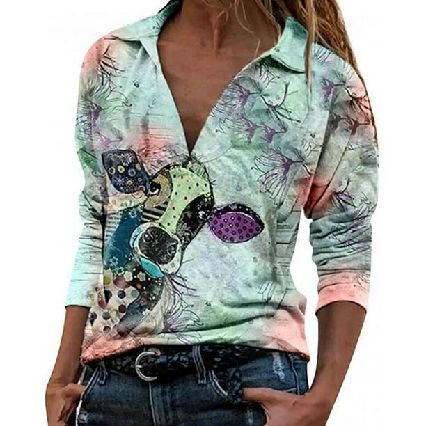 Moda mujer invierno sudadera Casual cuello en V manga larga estampado pulóver blusa sudadera Fridja fhghd983