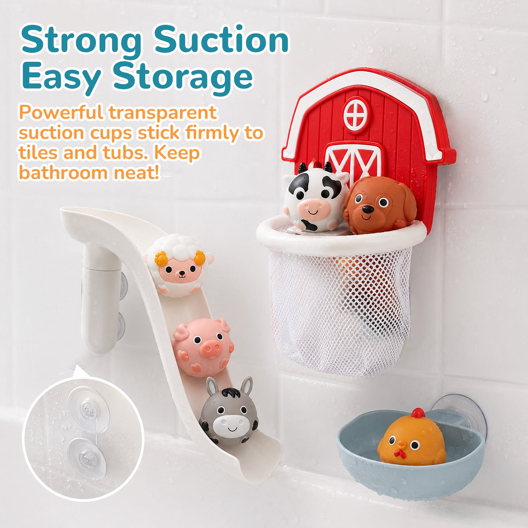 10-Piece No-Hole Farm Bath Toys for Toddlers 1-3, Bathtub Slide with Basketball Hoop and 6 Animals, Mold Free Easy Clean Baby Bath Toy Gifts
