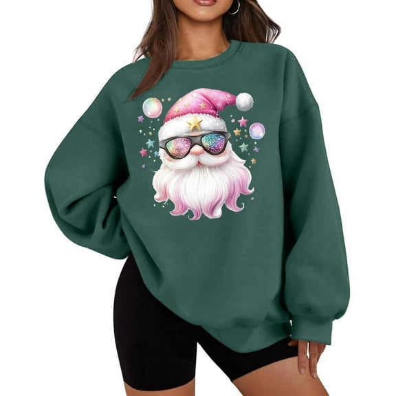Lopecy-Sta Christmas Shirts for Women Christmas Gift for Women Santa Claus Graphic Crewneck Oversized Fleece Sweater Xmas Holiday Top