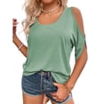 thumbnail image 2 of Crew Neck Women Solid Color Casual Cold Shoulder Tops Off Shoulder Summer T-shirt, 2 of 6
