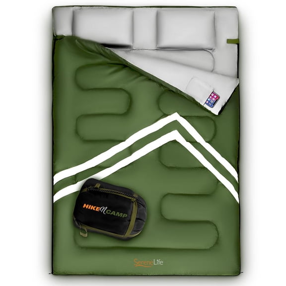 SereneLife SLSBX9 - Double Sleeping Bag with Two Pillows- Lightweight & Waterproof Sleeping Bag for Adults or Teens, For Camping, Backpacking or Hiking, Includes Carrying Bag