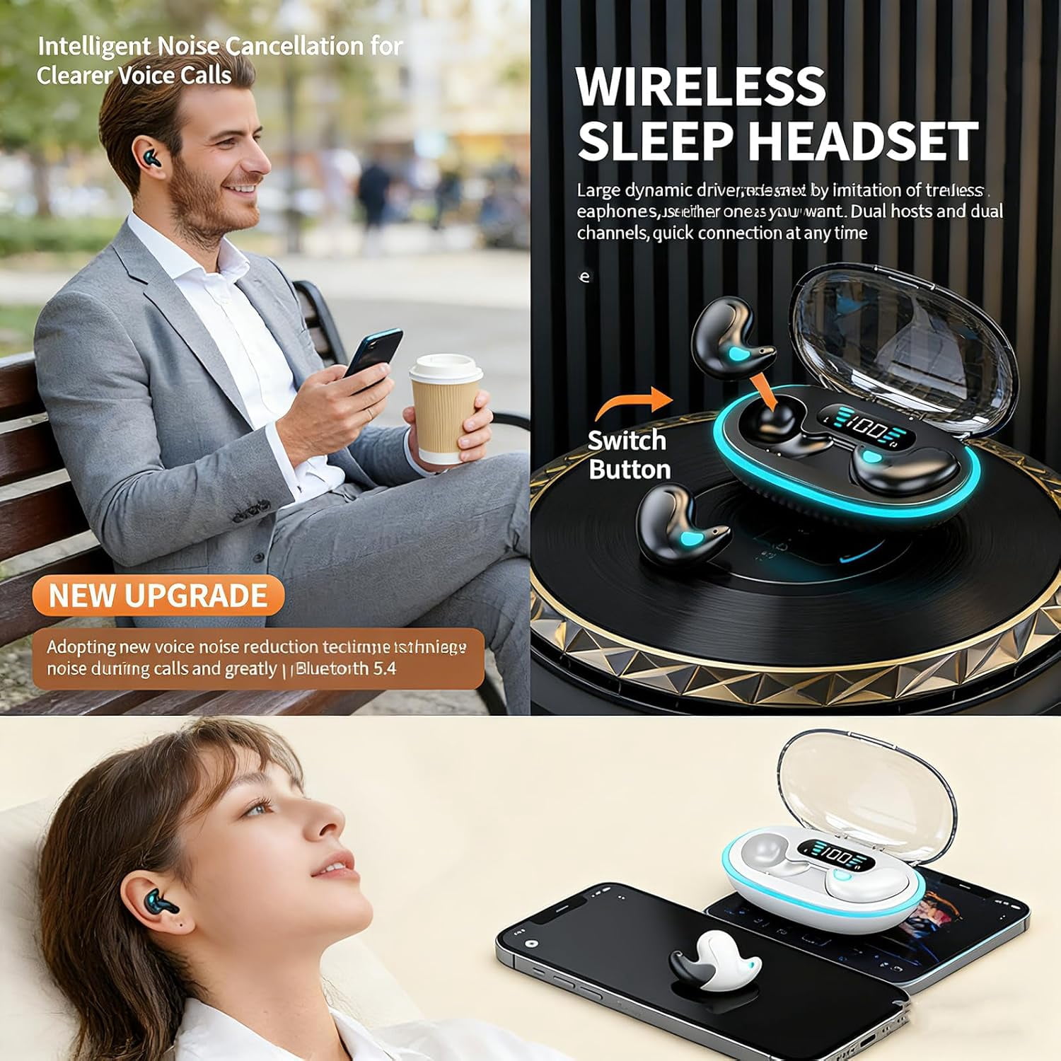 Sleep Bluetooth Earbuds, Sleep Earbuds for Side Sleepers, Noise Cancelling Earbuds for Sleep, Micro Sleep Earbuds, Sleep Earbuds Wireless Bluetooth,Bluetooth 5.4,LED Display (A,1PC)