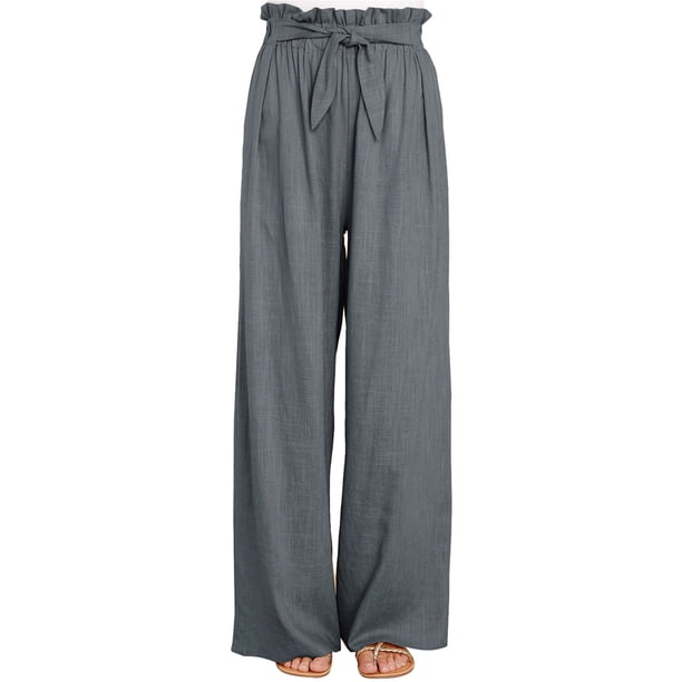 Sunloudy Pantalones casuales de pierna ancha para mujer, pantalones sueltos de longitud completa de cintura media atados de color sólido para damas, S / M / L / XL / XXL Sunloudy S M L XL XXL