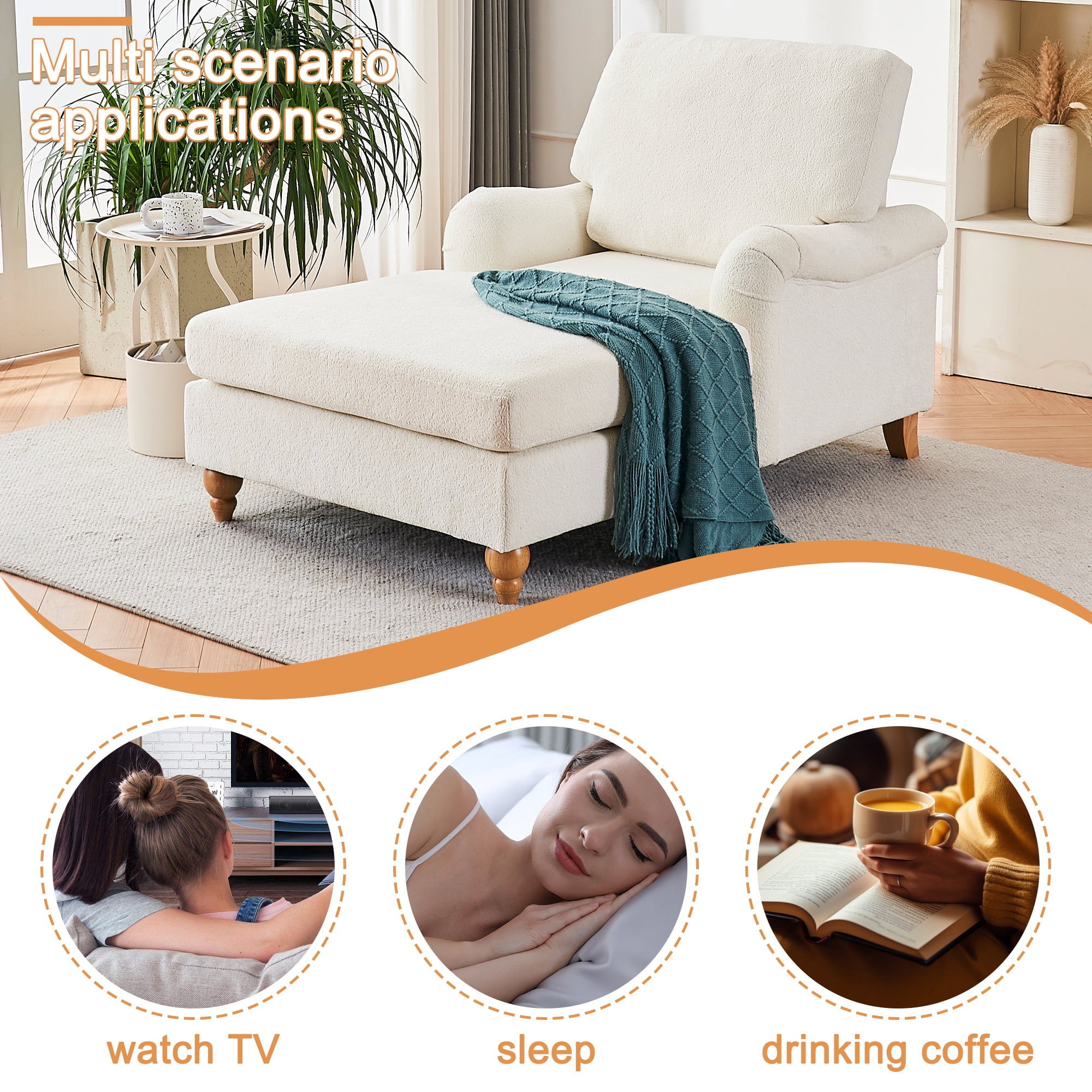 Aukfa Modern Oversized Chaise with Adjustable Backrest, Sleeper Chair Sofa Recliner for Living Room, Beige