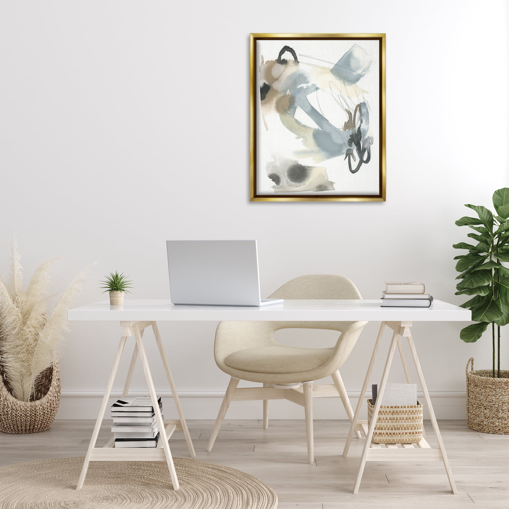 Stupell Industries Modern Neutral Watercolor Abstract Painting Gold Floater Framed Canvas Art Print Wall Art, 25 x 31