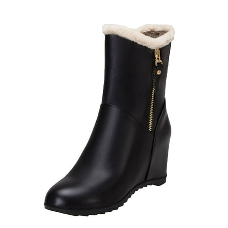 

XINSHIDE Women Mid-Calf Boots Female Solid Leather Warm Side Zipper Inner Boosting Middle Boots Fashion Shoes