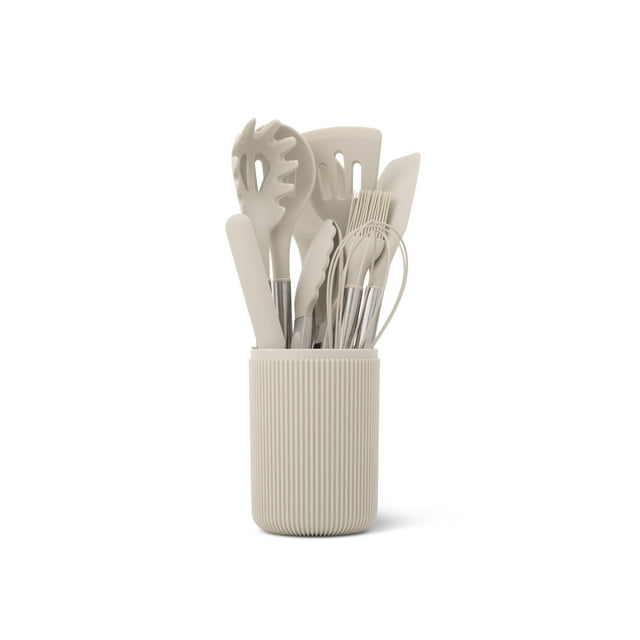 Taupe 10-piece silicone kitchen gadget set including spatula, whisk, tongs, and pasta server in a ribbed holder.