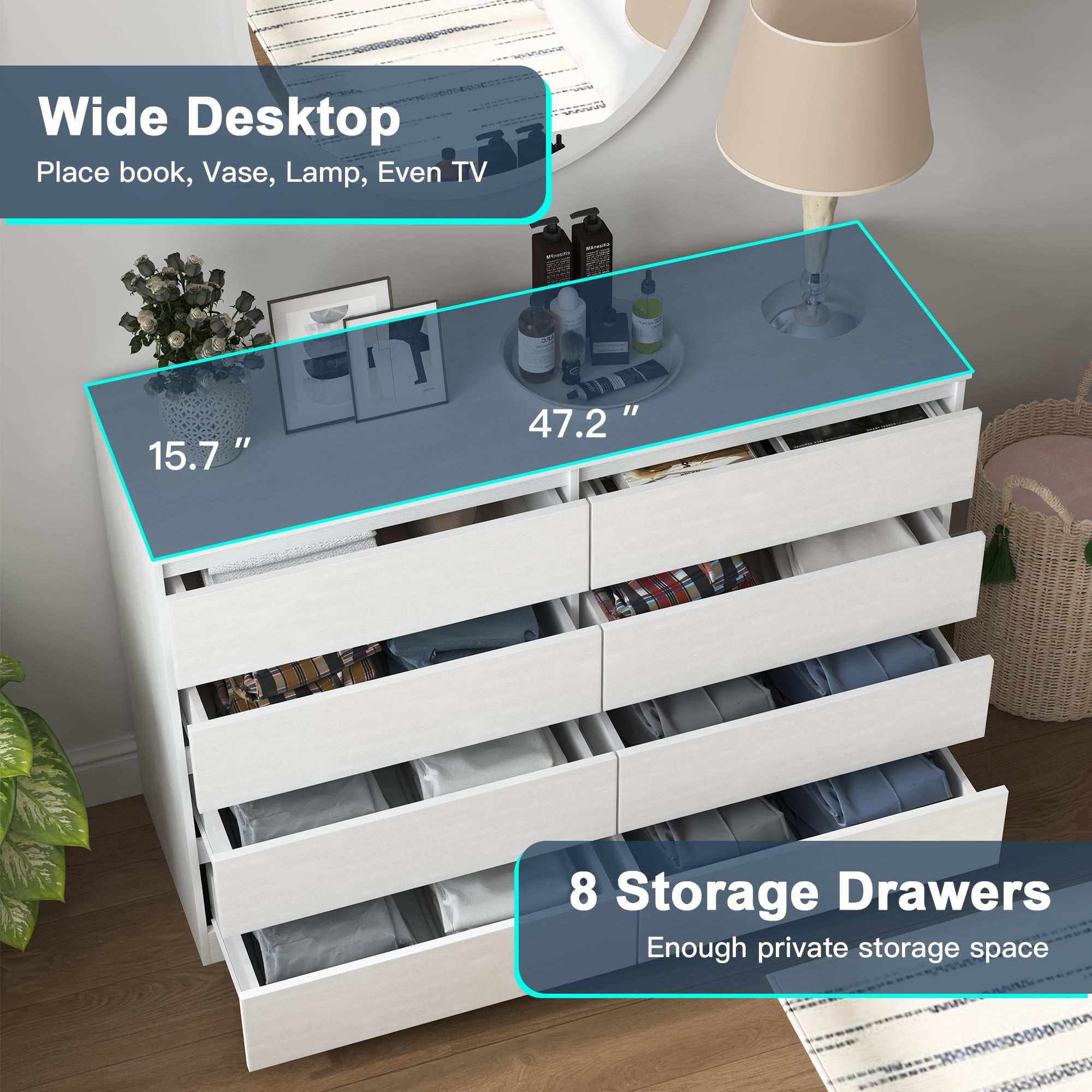 Finihen 8 Drawer Double Dresser, Modern 8 Chest of Drawers with Deep Drawers, Wide Storage Organizer Cabinet for Living Room, Kids, White Finihen 8 Drawer Double Dresser, Modern 8 Chest of Drawers with Deep Drawers, Wide Storage Organizer Cabinet for Living Room, Kids, White