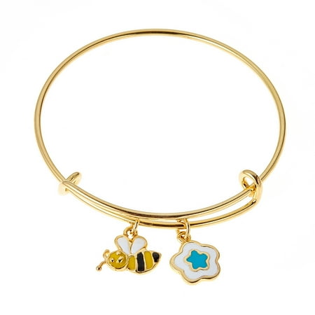 Pori Jewelers 18kt Gold Plated 925 Sterling Silver Multi Color Flower and Bumble Bee Enamel Kids Bangle