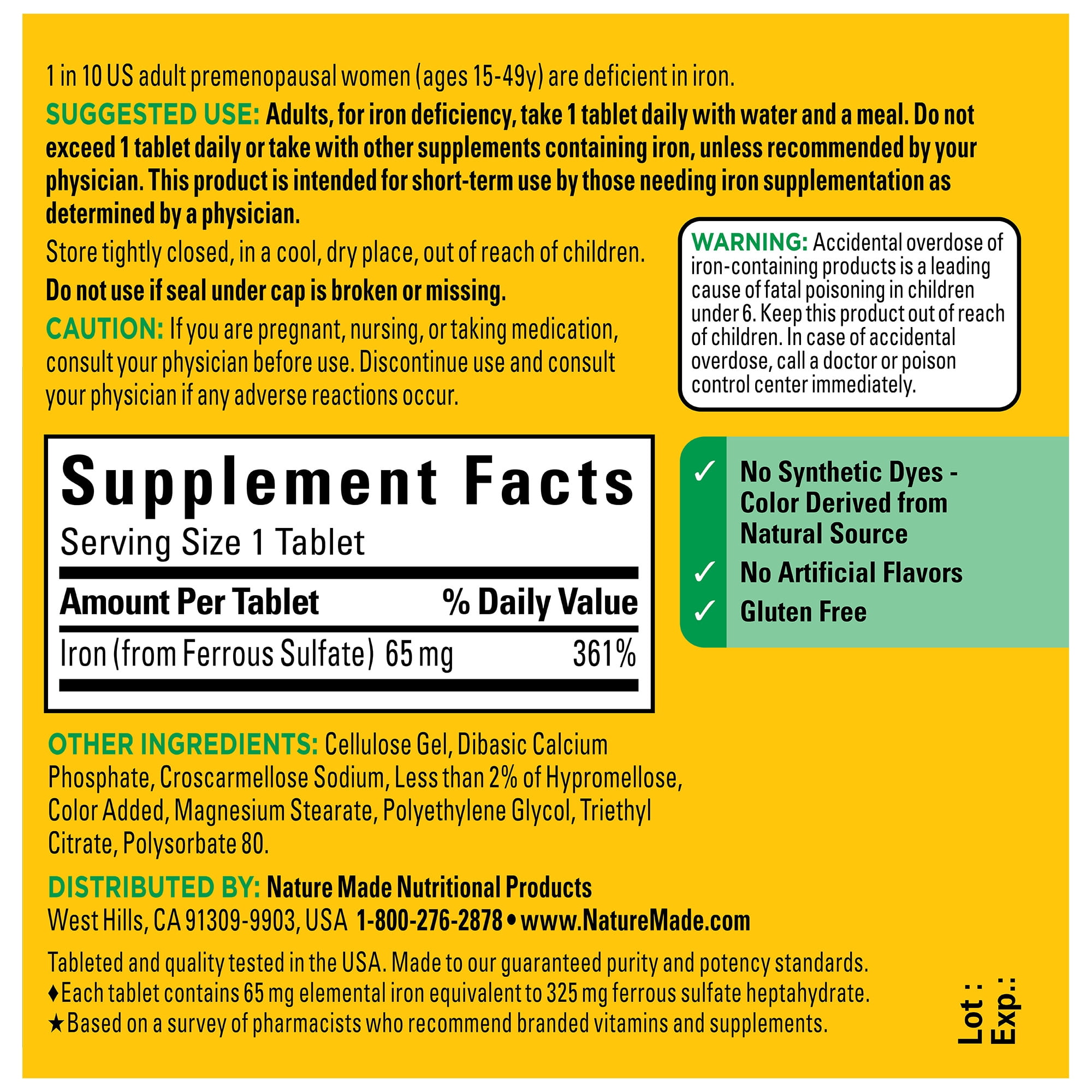 Nature Made Iron 65 mg (325 mg Ferrous Sulfate) Tablets, Dietary Supplement, 150 Count