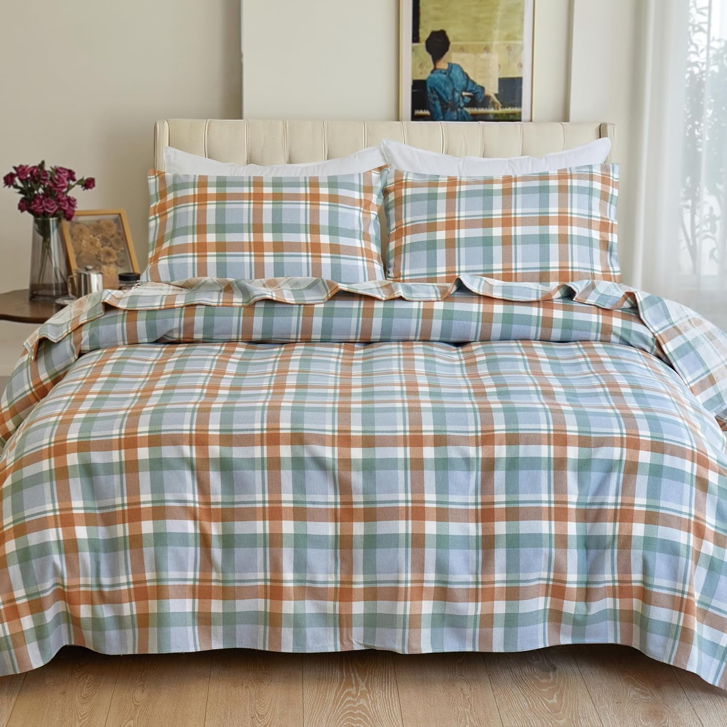 Elegant Comfort Soft 4-Piece Cotton Flannel Sheet Set -Deep Pocket Fitted Sheet, Flannel Sheets - Queen, Plaid Coral