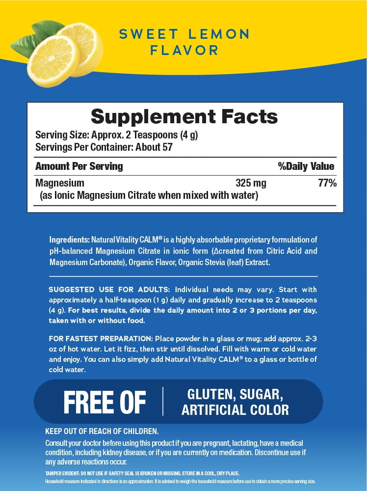 Calm Magnesium Supplement Powder | Sweet Lemon Flavor | 8 oz | by Natural Vitality