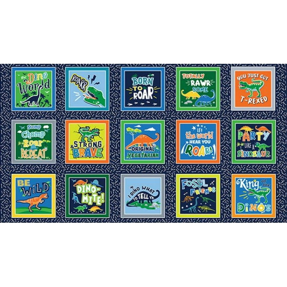 24" X 43" Panel Glow-o-saurus 65'' Squares Dinosaurs Dinos Bones Tracks Skeletons Words Benartex Cotton Fabric Panel (12976G-99)