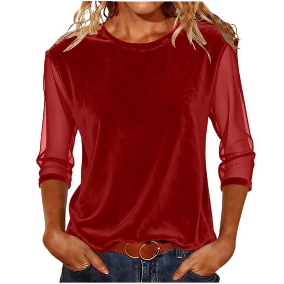 Women Crewneck Velvet T Shirts 3/4 Length Sleeves Pullover Casual Dressy 2026 Summer Velour Tunic Blouses