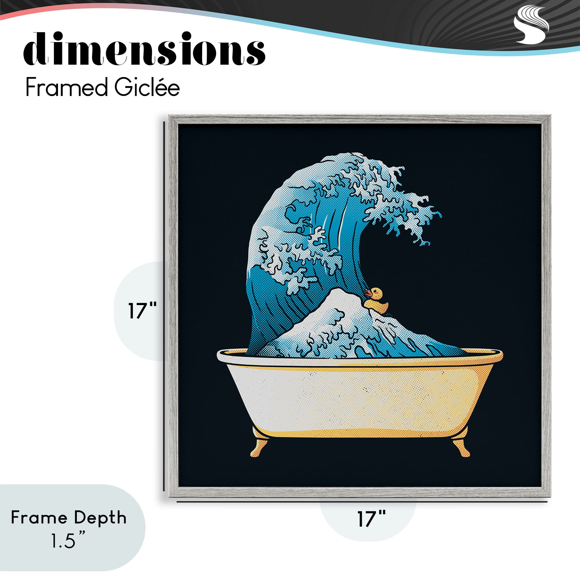 Stupell Industries Bathtub with Kanagawa Wave Gray Framed Giclee Art, design by Tobe Fonseca