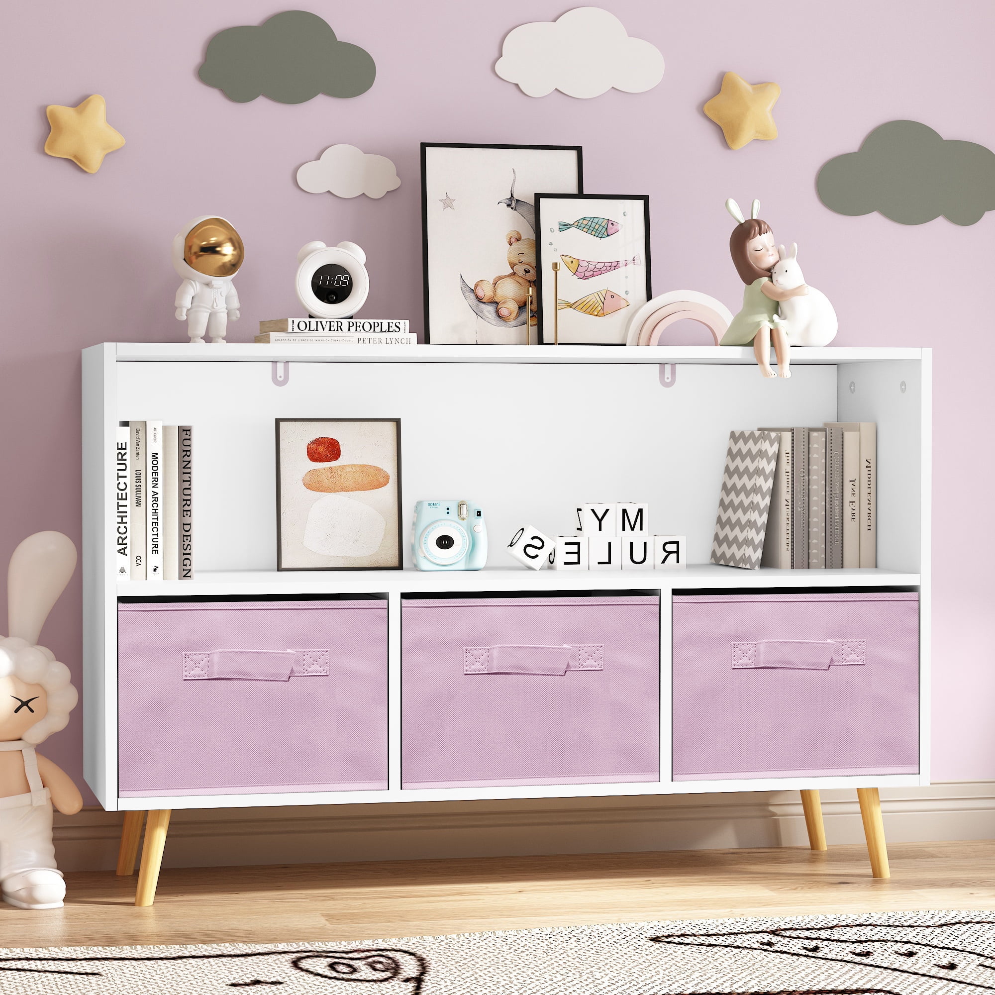 Kids Bookcase with Collapsible Fabric Drawers,Toy Storage Cubby,Children's Book Display,Toy Storage Cabinet Organizer,White/Pink