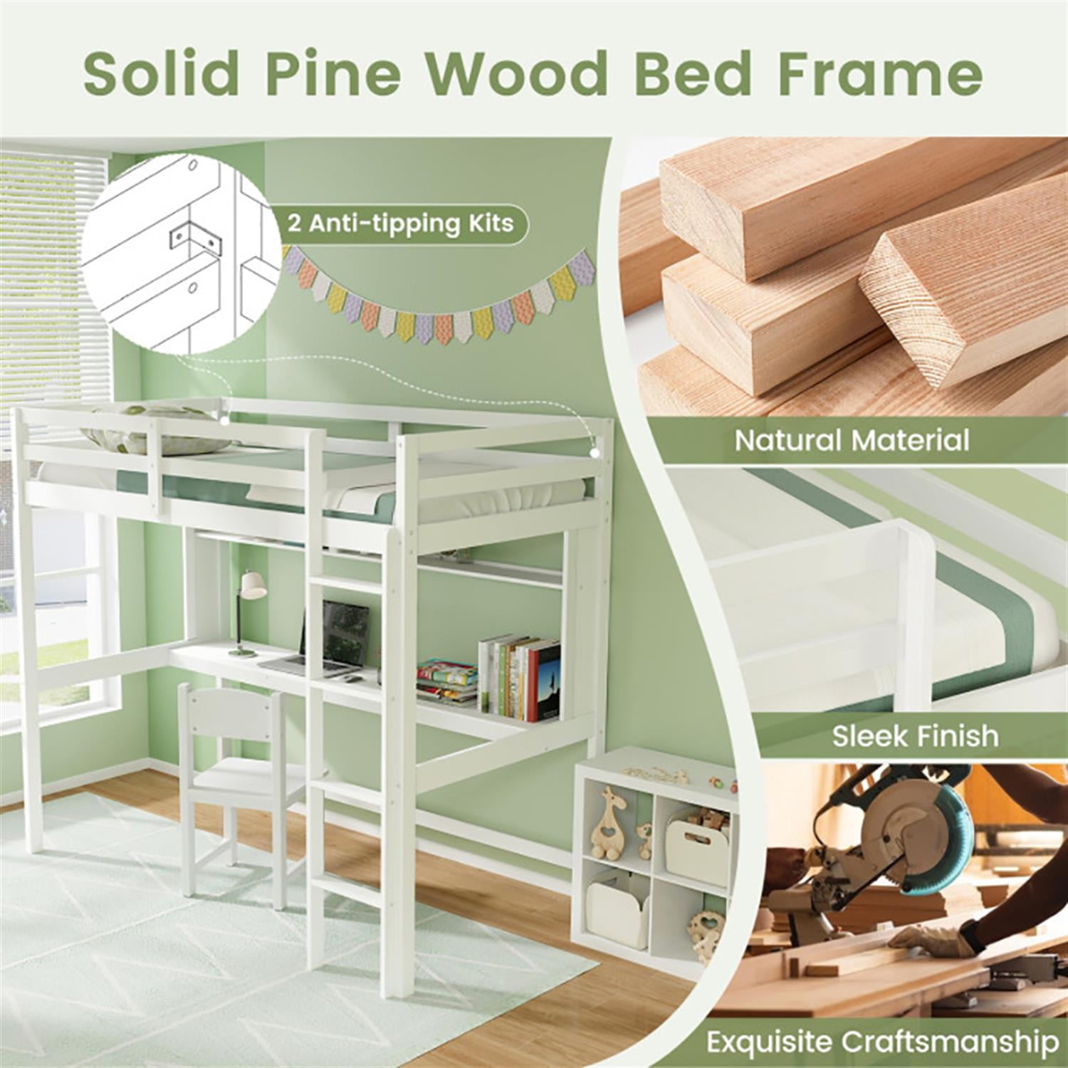 Demi Bonn Loft Bed Twin Size, Solid Wood Low Loft Bed with Guard Rail and Ladder, Modern Wooden Loft Bunk Bed Frame, White