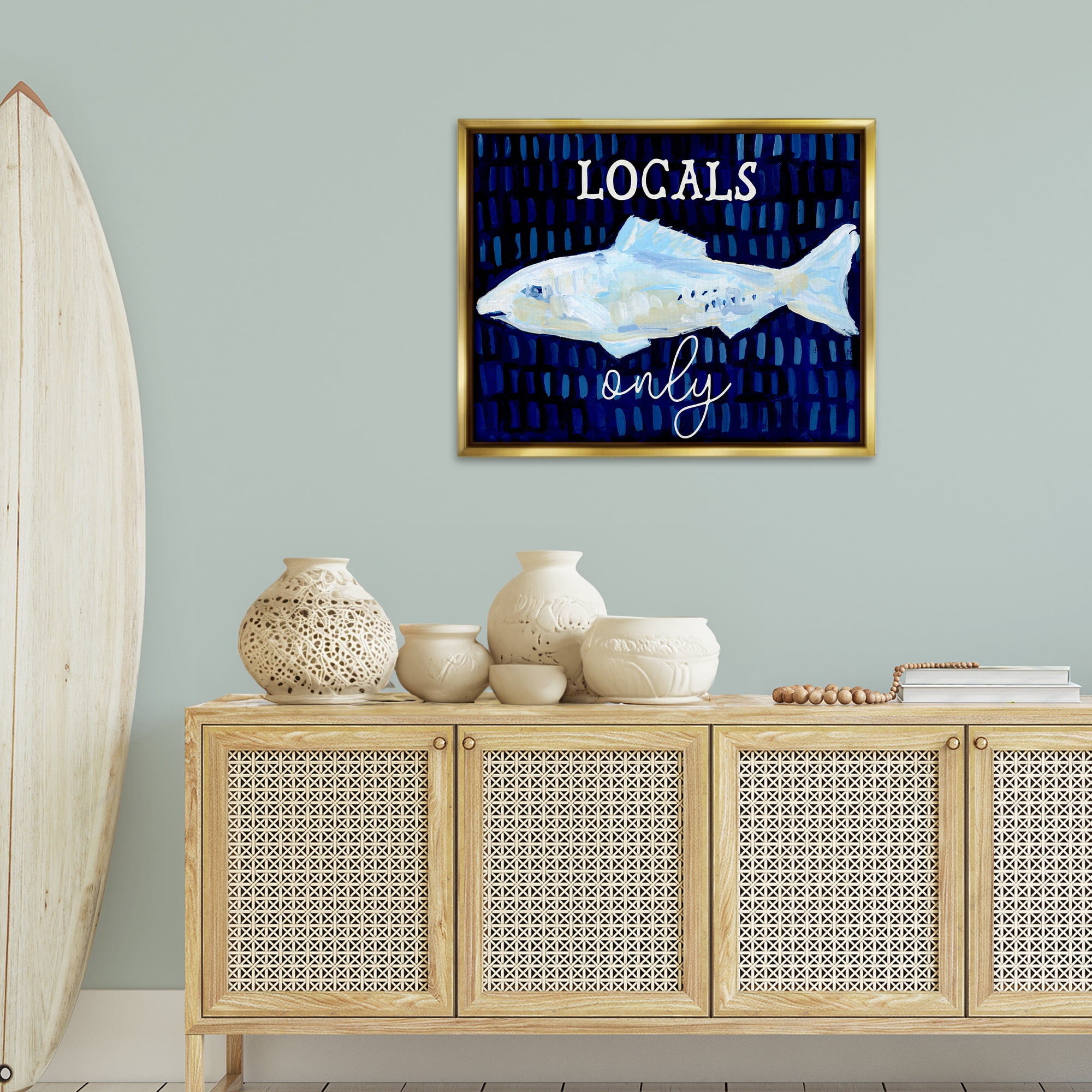 Stupell Industries Locals Only with Fish Animals & Insects Painting Gold Floater Framed Canvas Art Print Wall Art, 31 x 25