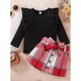 thumbnail image 2 of Seyurigaoka Toddler Baby Girl Fall Winter Knit Ribbed Clothes Solid Color Long Sleeve Ruffle Sweater Tops + Plaid Mini Skirt Set, 2 of 9